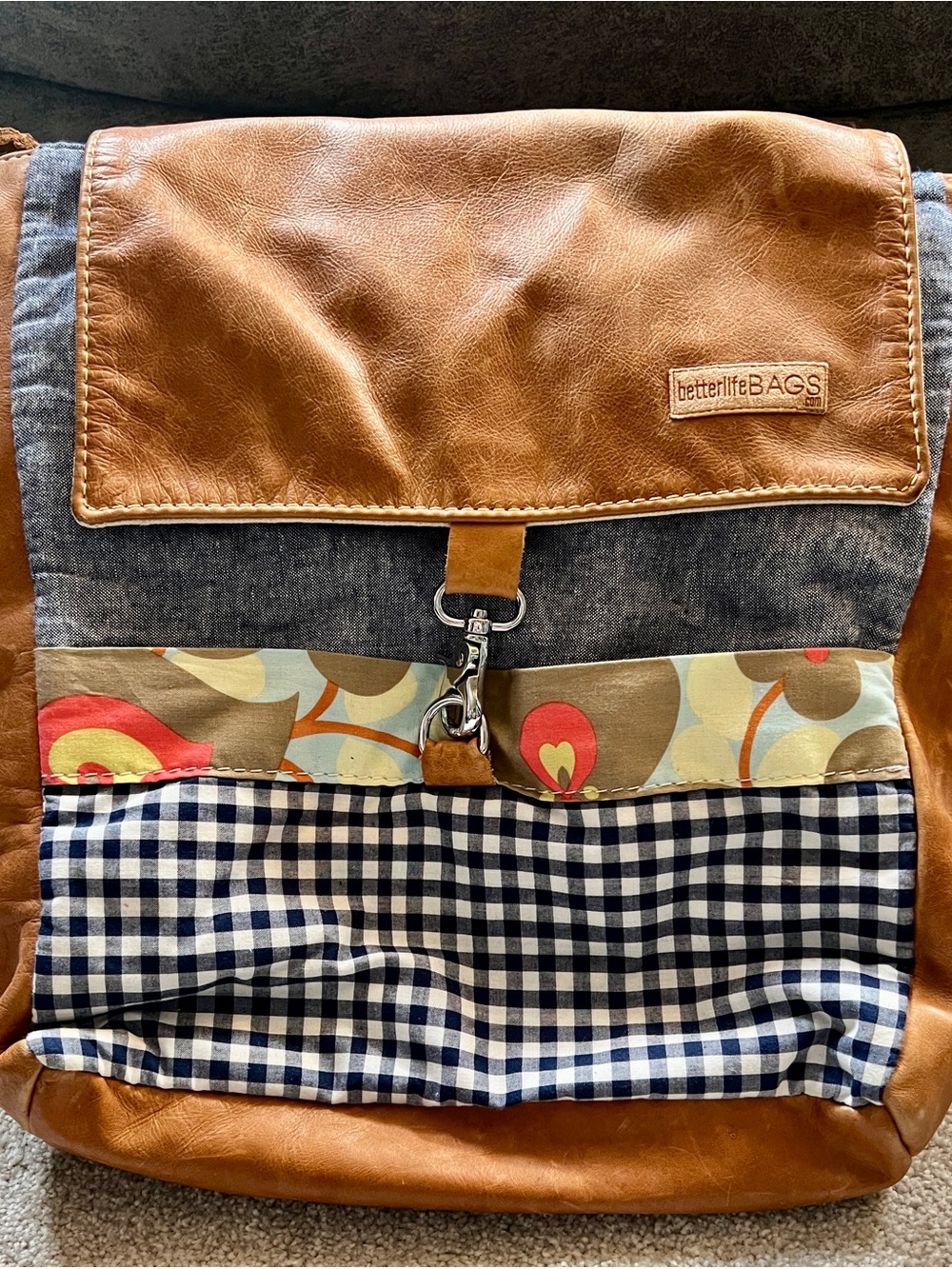 BetterLife Bags Tan Leather & Blue Gingham Crossbody Bag